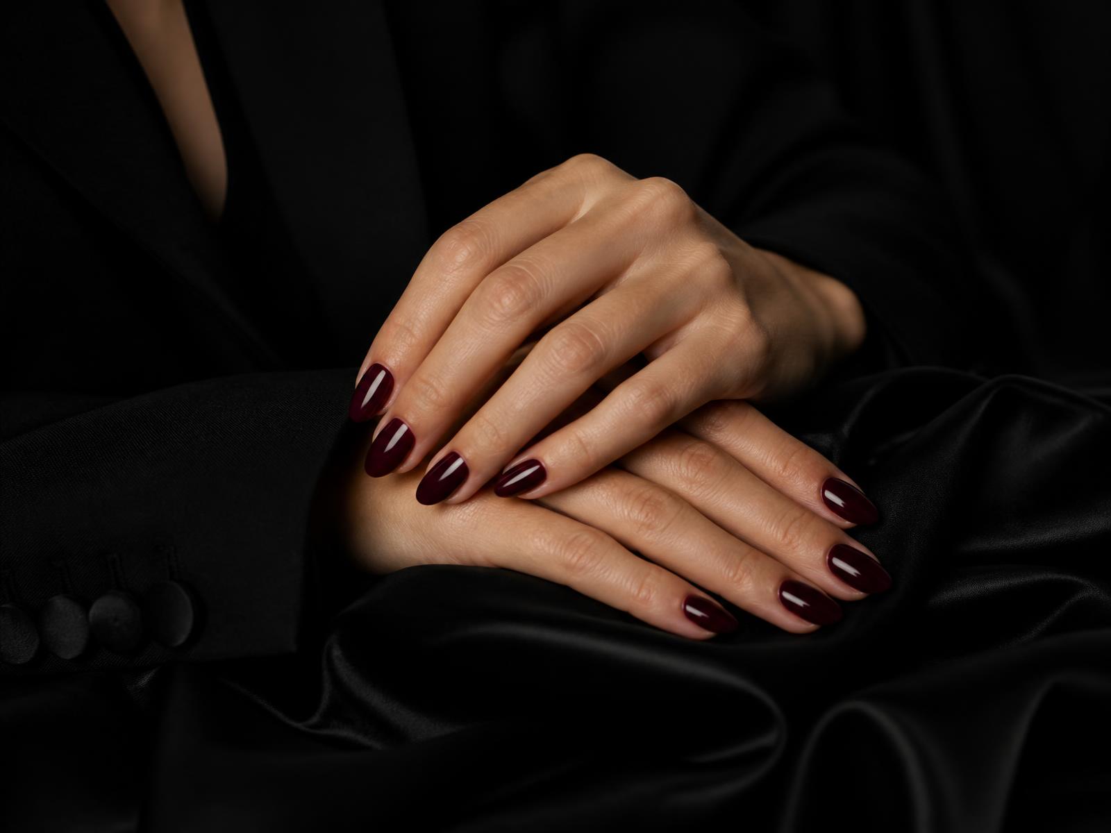 Manicured hands with deep burgundy gel polish resting on black silk